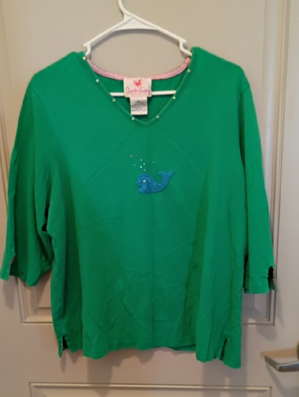 Quaker Factory Women's Green Beaded 100% Cotton Whale Shirt Size 2X